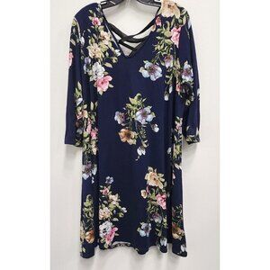 FORTUNE + Ivy Navy Blue Floral Lace Up Back V Neck Swing Dress Size 2X